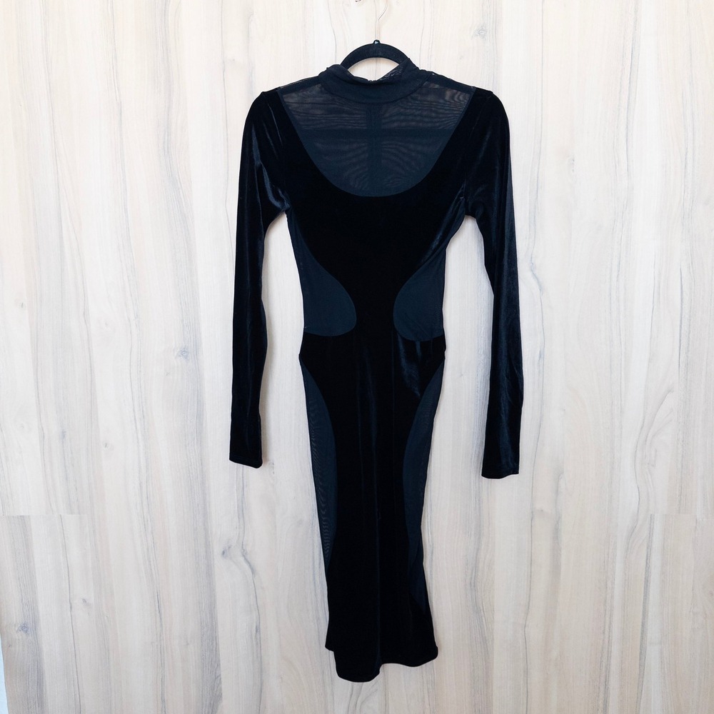 Naked Wardrobe Womens Velvet Bodycon Midi Dress S Black Mesh Long Sleeve Edgy - Picture 2 of 9